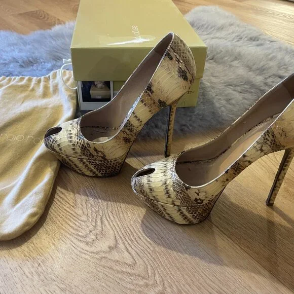 sergio rossi scarpe donna blunt heel peep toe pump snake nude - Picture 2 of 16
